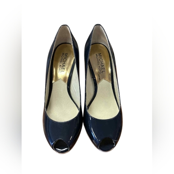 Micheal Kors Navy Lacquerd Wedge Heels with Espadrille and Gold Hardware, Size 6 - Picture 4 of 7